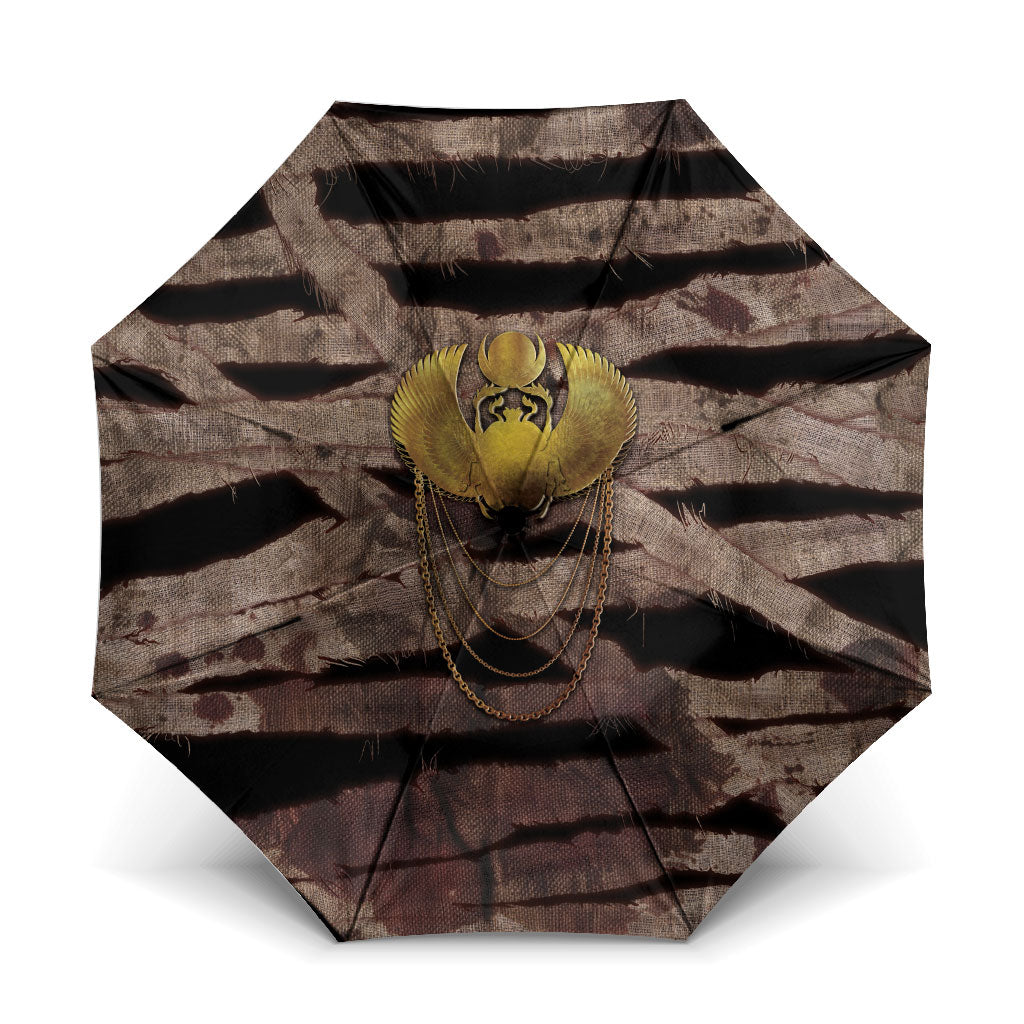 African Halloween Egypt Mummy Wrap Umbrella Golden Winged Scarab Badge