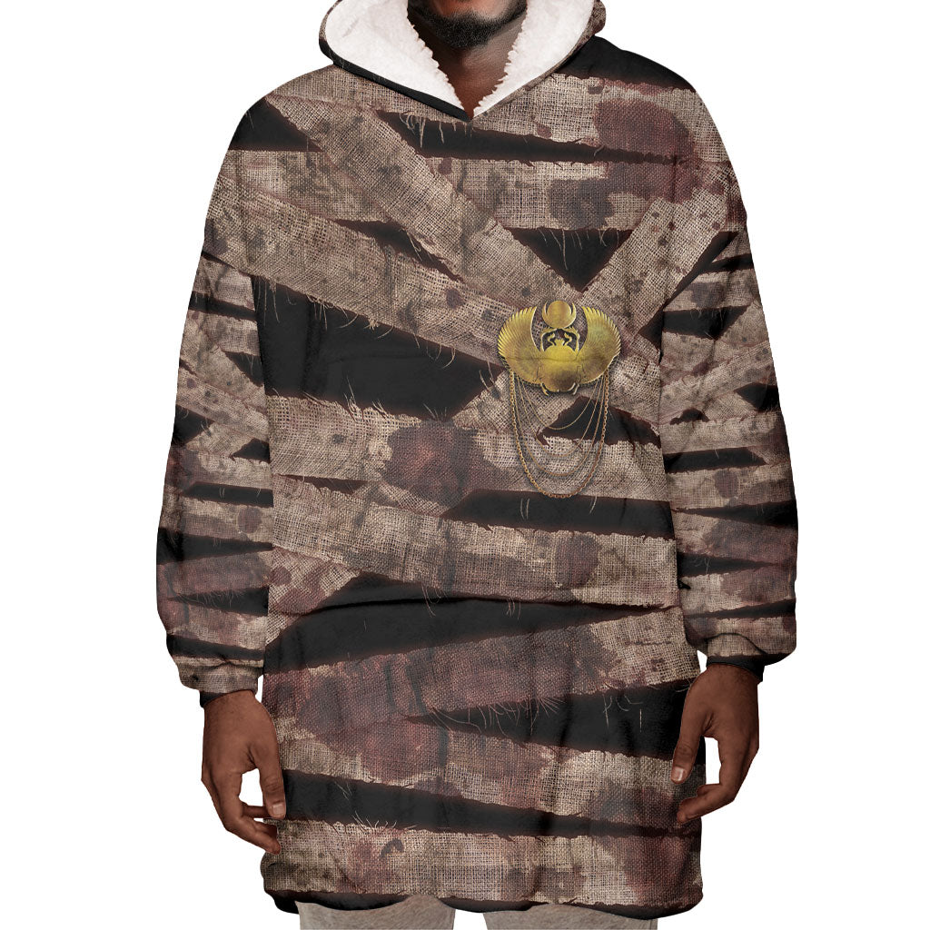 African Halloween Egypt Mummy Wrap Wearable Blanket Hoodie Golden Winged Scarab Badge