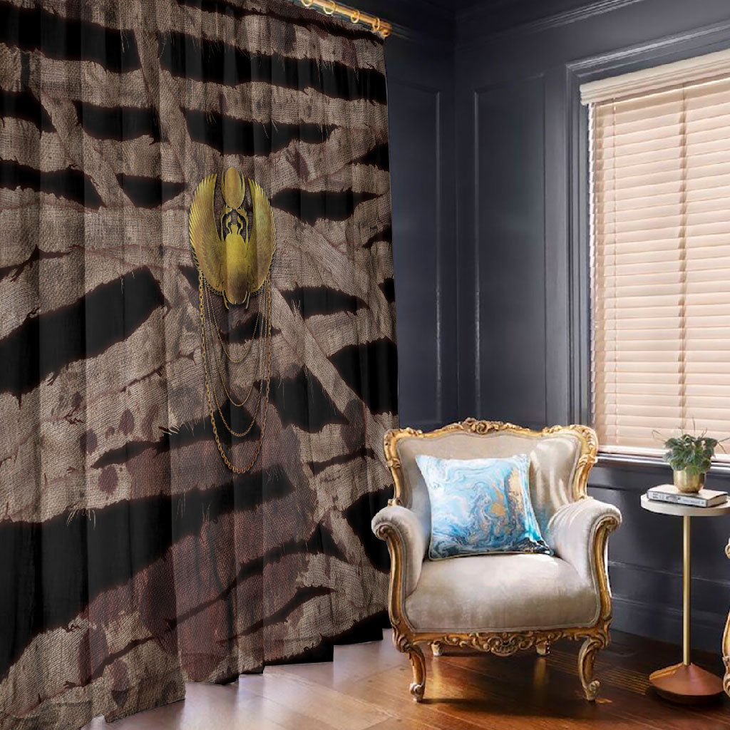 African Halloween Egypt Mummy Wrap Window Curtain Golden Winged Scarab Badge