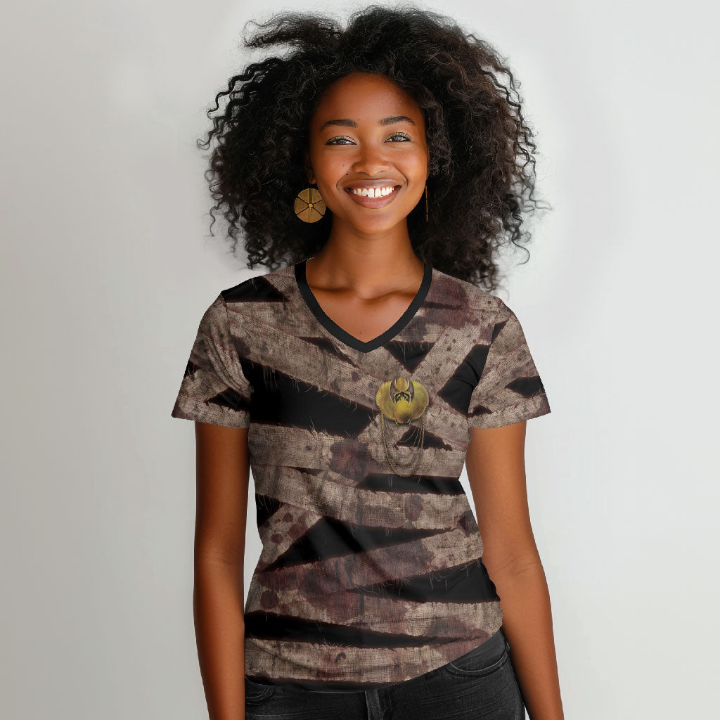 African Halloween Egypt Mummy Wrap Women V-Neck T-Shirt Golden Winged Scarab Badge