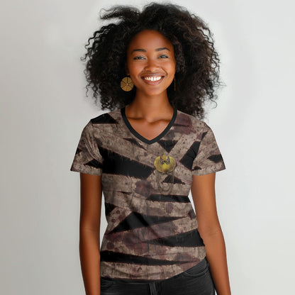 African Halloween Egypt Mummy Wrap Women V-Neck T-Shirt Golden Winged Scarab Badge