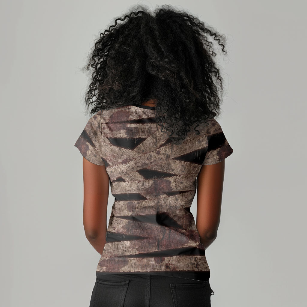 African Halloween Egypt Mummy Wrap Women V-Neck T-Shirt Golden Winged Scarab Badge