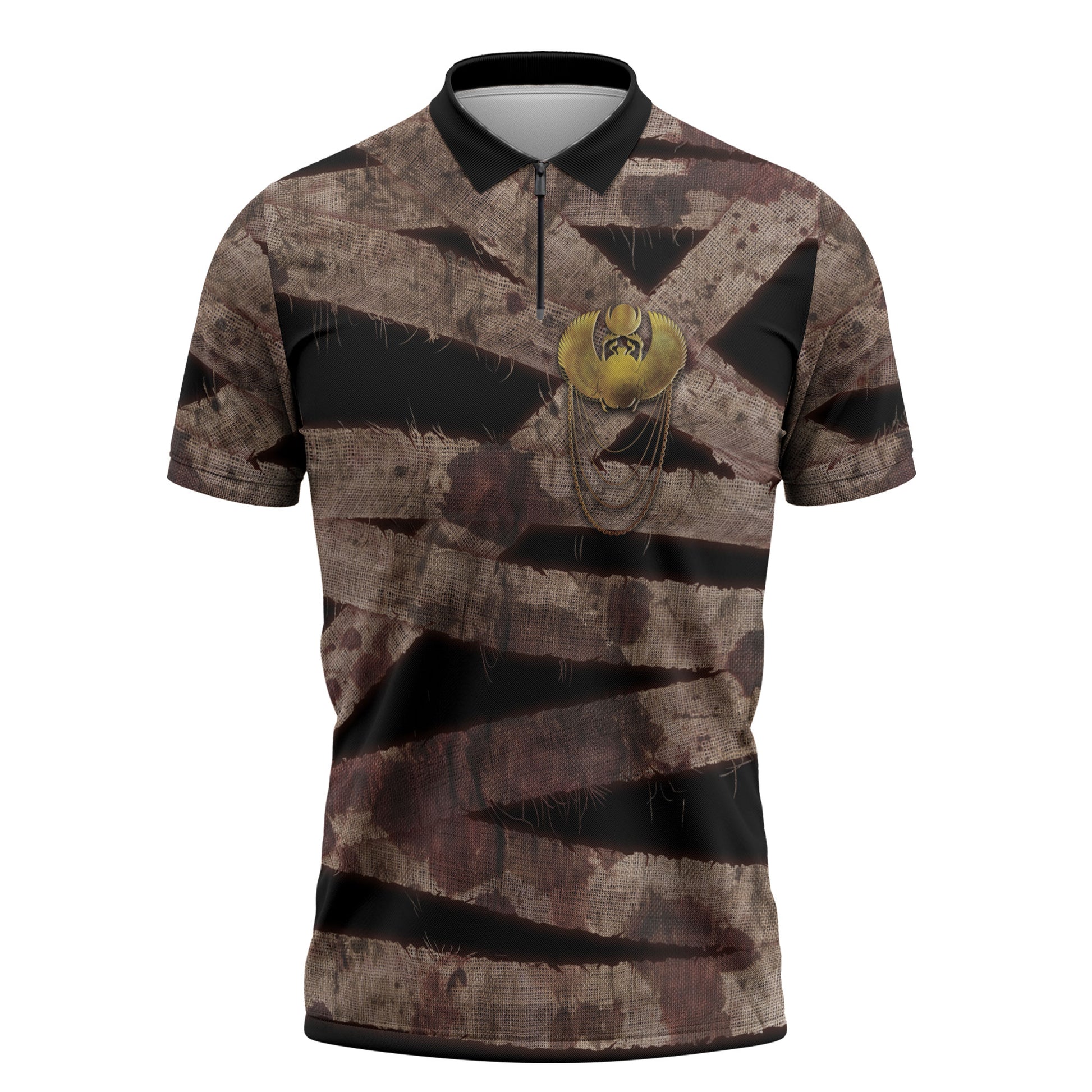 African Halloween Egypt Mummy Wrap Zipper Polo Shirt Golden Winged Scarab Badge