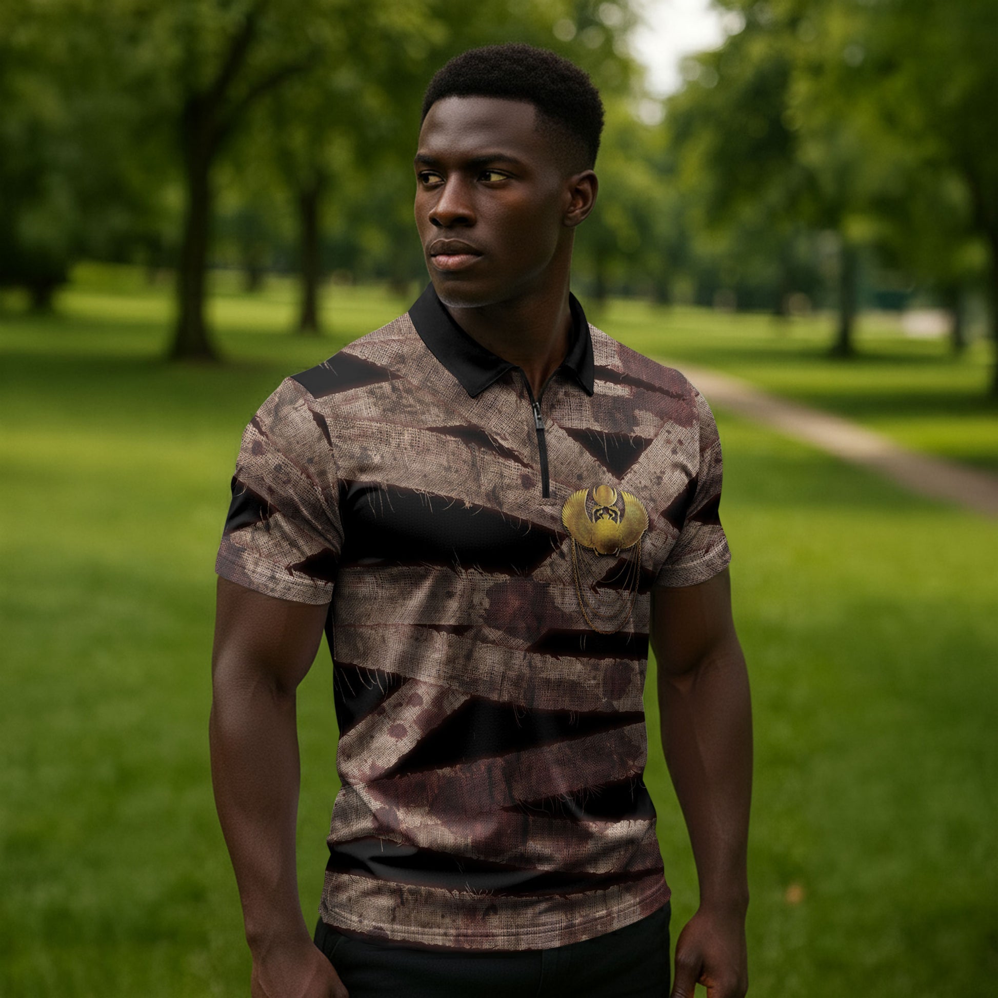 African Halloween Egypt Mummy Wrap Zipper Polo Shirt Golden Winged Scarab Badge