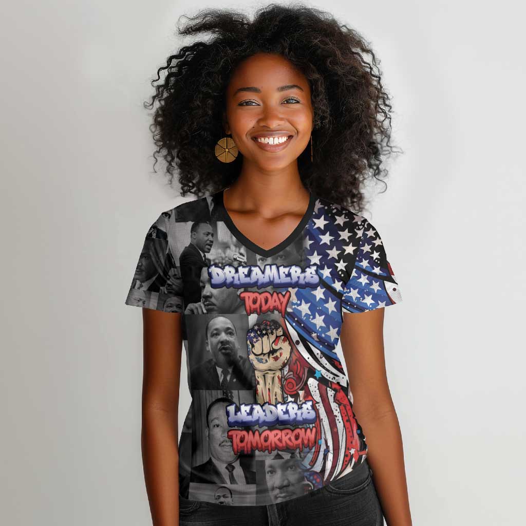 Martin Luther King Jr Day Women V-Neck T-Shirt Dreamers Today Leaders Tomorrow - African Pride