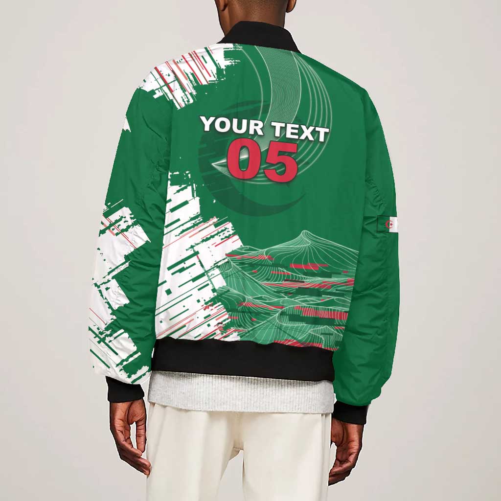 Custom Algeria Football Bomber Jacket Glitch Effect Desert Lines And Star Crescent