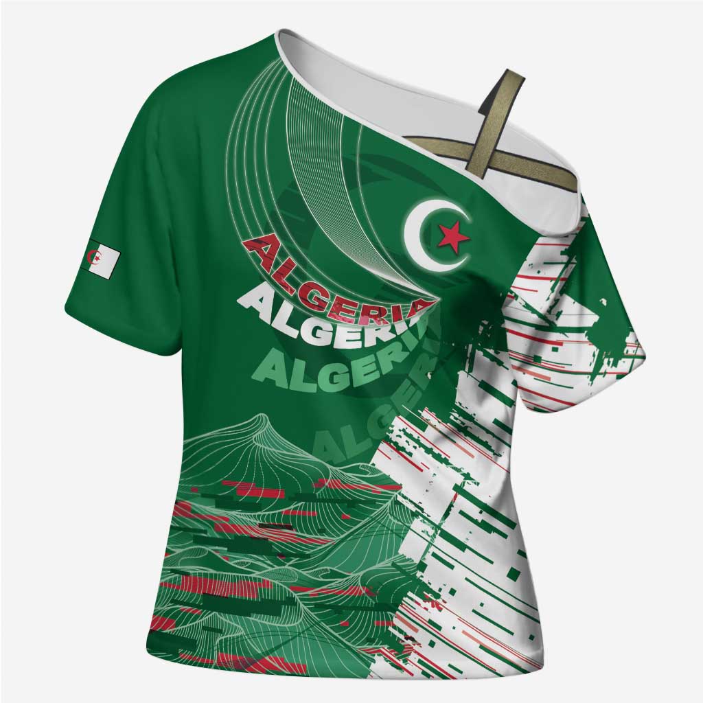 Custom Algeria Football Cross Shoulder Shirt Glitch Effect Desert Lines And Star Crescent