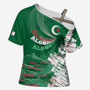 Custom Algeria Football Cross Shoulder Shirt Glitch Effect Desert Lines And Star Crescent