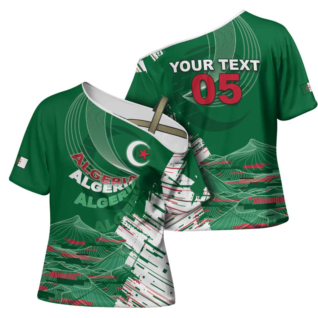 Custom Algeria Football Cross Shoulder Shirt Glitch Effect Desert Lines And Star Crescent