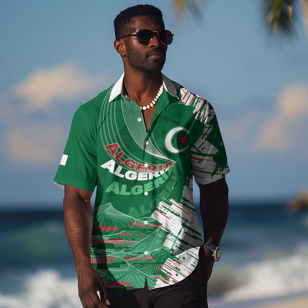 Custom Algeria Football Hawaiian Shirt Glitch Effect Desert Lines And Star Crescent