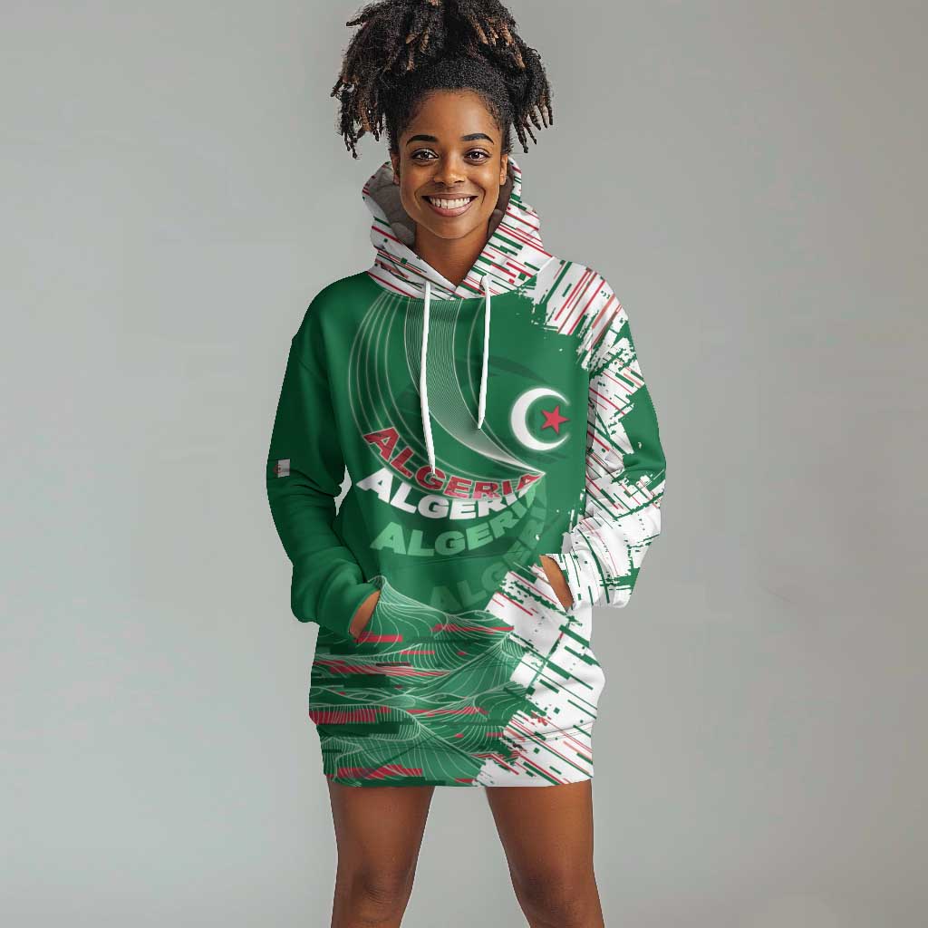 Custom Algeria Football Hoodie Dress Glitch Effect Desert Lines And Star Crescent