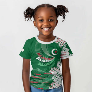 Custom Algeria Football Kid T shirt Glitch Effect Desert Lines And Star Crescent