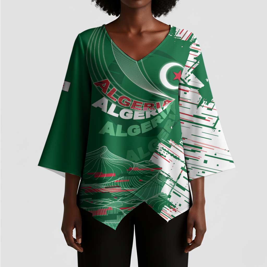 Custom Algeria Football Kimono Sleeve Blouse Glitch Effect Desert Lines And Star Crescent