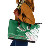 Algeria Football Leather Tote Bag Glitch Effect Desert Lines And Star Crescent