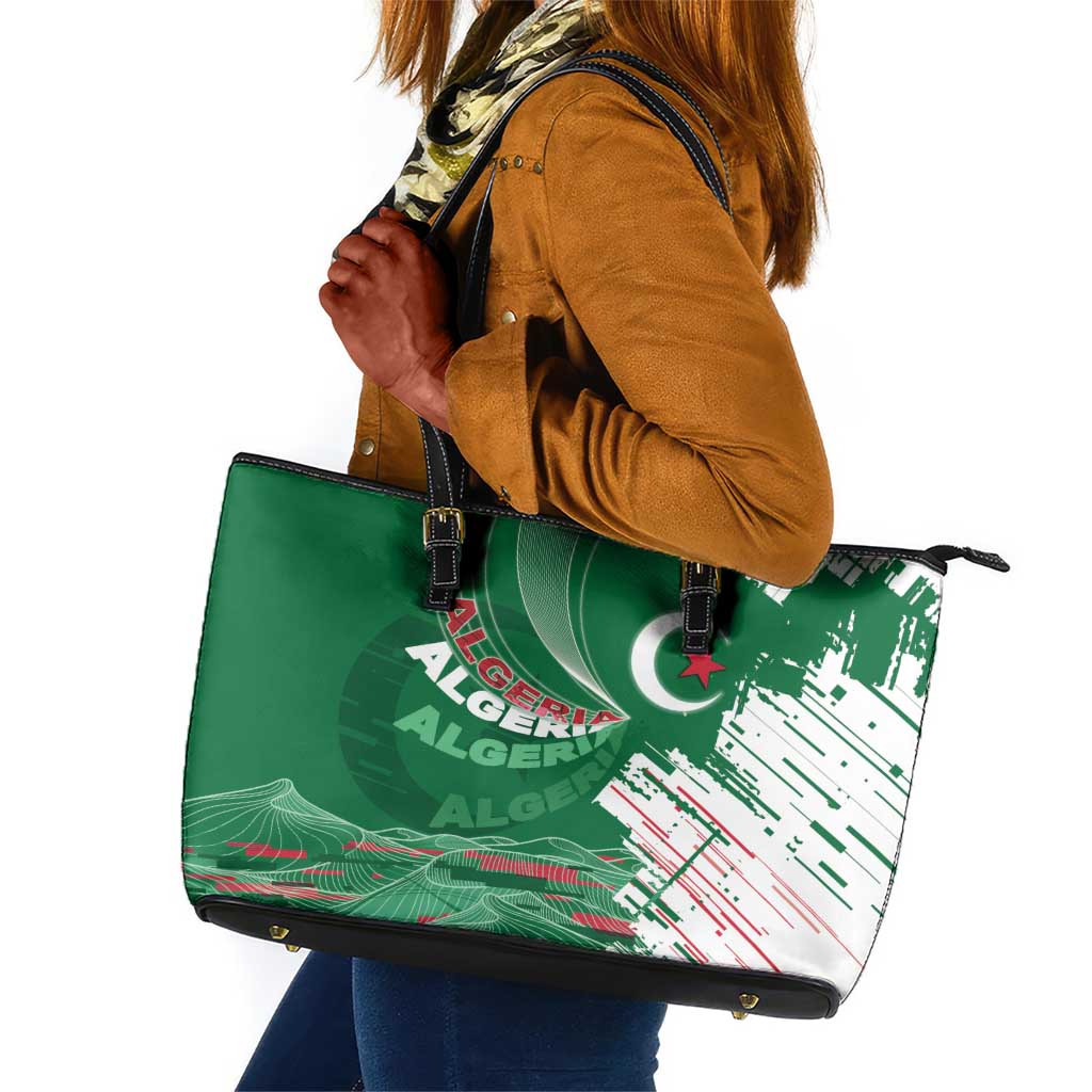 Algeria Football Leather Tote Bag Glitch Effect Desert Lines And Star Crescent