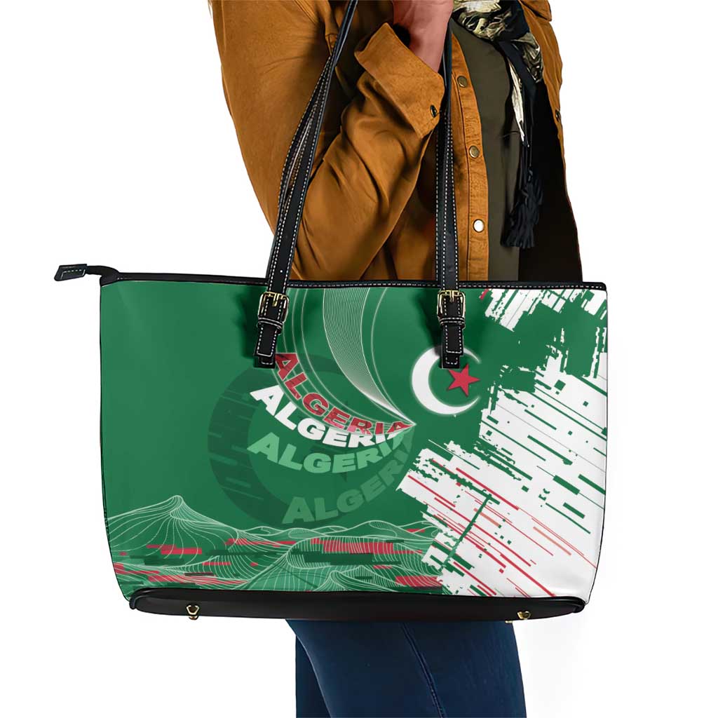 Algeria Football Leather Tote Bag Glitch Effect Desert Lines And Star Crescent
