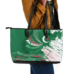 Algeria Football Leather Tote Bag Glitch Effect Desert Lines And Star Crescent