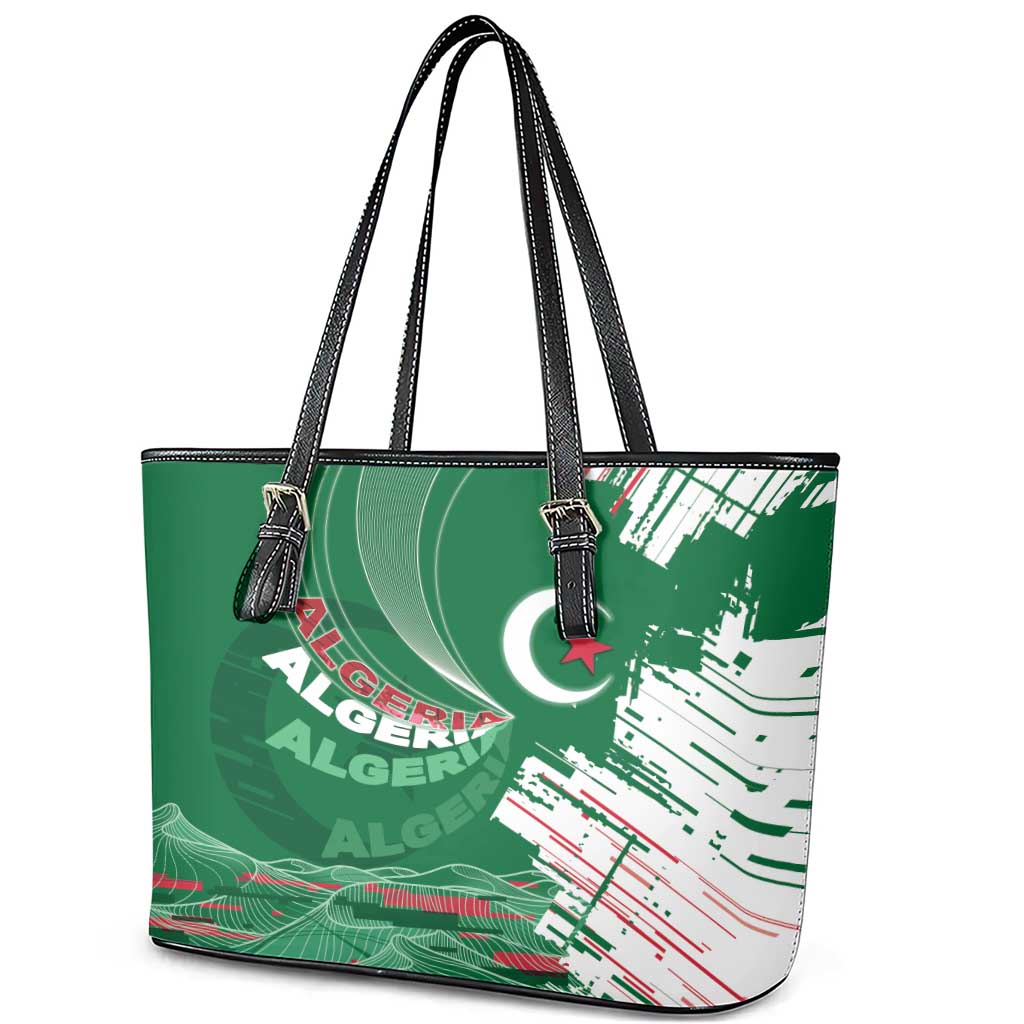 Algeria Football Leather Tote Bag Glitch Effect Desert Lines And Star Crescent
