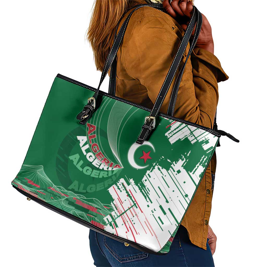 Algeria Football Leather Tote Bag Glitch Effect Desert Lines And Star Crescent