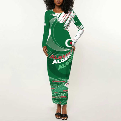 Custom Algeria Football Long Sleeve Bodycon Dress Glitch Effect Desert Lines And Star Crescent