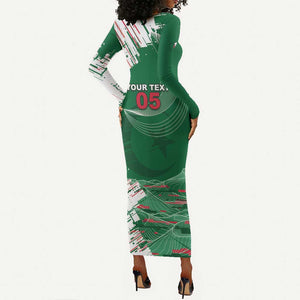 Custom Algeria Football Long Sleeve Bodycon Dress Glitch Effect Desert Lines And Star Crescent