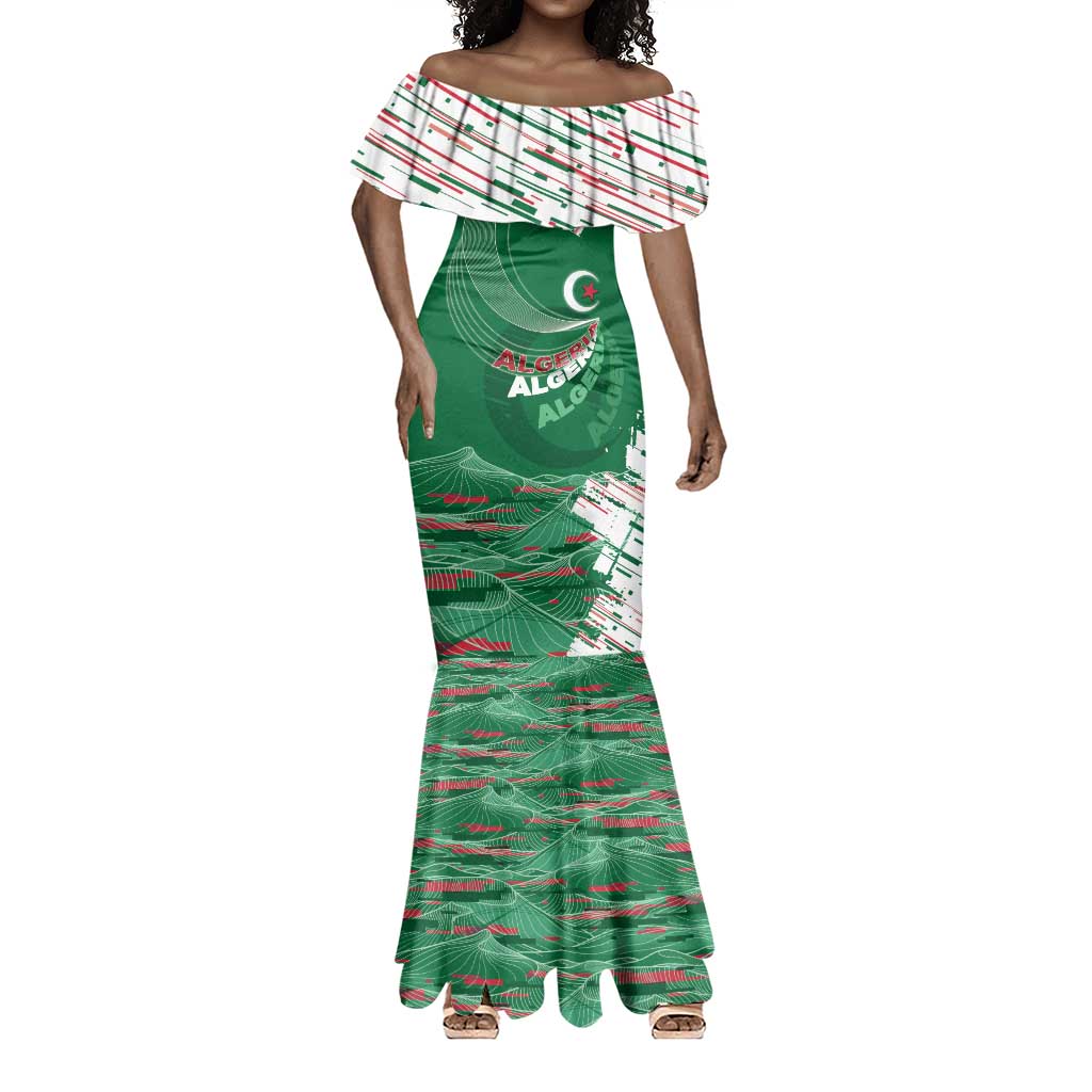 Custom Algeria Football Mermaid Dress Glitch Effect Desert Lines And Star Crescent