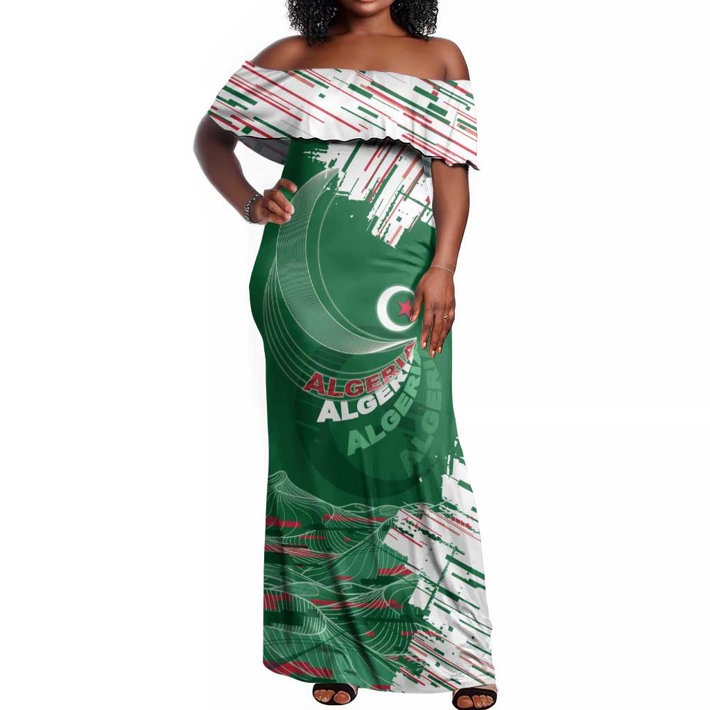 Custom Algeria Football Off Shoulder Maxi Dress Glitch Effect Desert Lines And Star Crescent