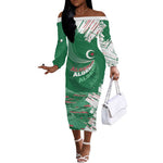 Custom Algeria Football Off The Shoulder Long Sleeve Dress Glitch Effect Desert Lines And Star Crescent
