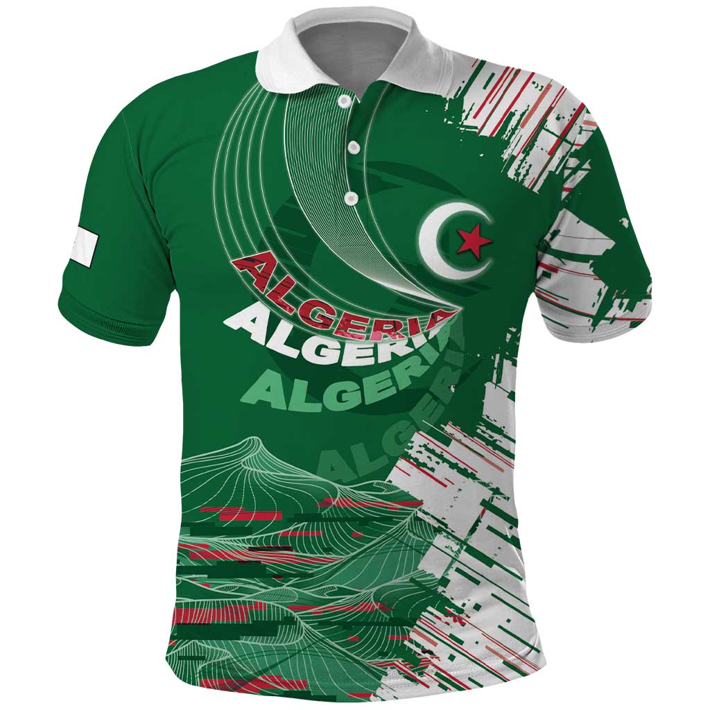 Custom Algeria Football Polo Shirt Glitch Effect Desert Lines And Star Crescent