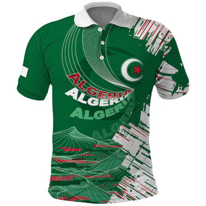 Custom Algeria Football Polo Shirt Glitch Effect Desert Lines And Star Crescent