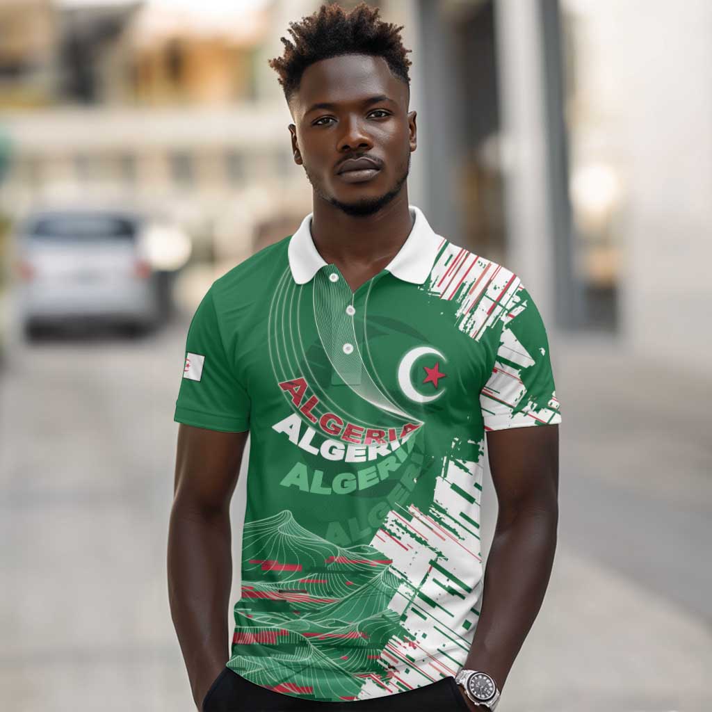 Custom Algeria Football Polo Shirt Glitch Effect Desert Lines And Star Crescent