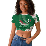 Custom Algeria Football Raglan Cropped T shirt Glitch Effect Desert Lines And Star Crescent
