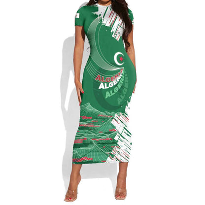 Custom Algeria Football Short Sleeve Bodycon Dress Glitch Effect Desert Lines And Star Crescent