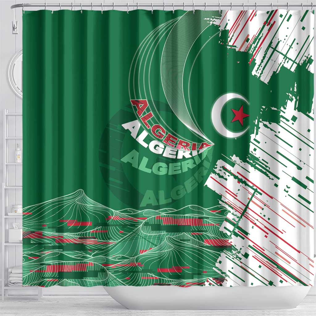 Algeria Football Shower Curtain Glitch Effect Desert Lines And Star Crescent