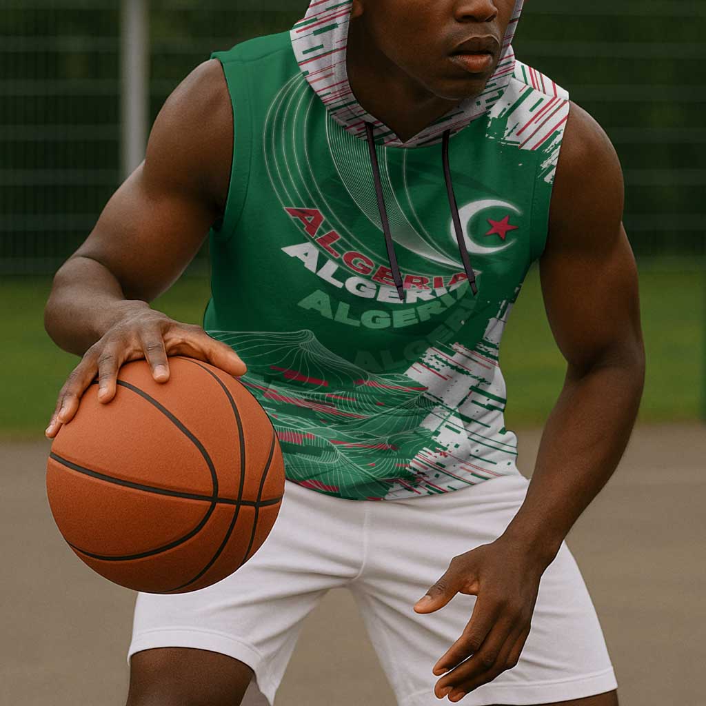 Custom Algeria Football Sleeveless Hoodie Glitch Effect Desert Lines And Star Crescent