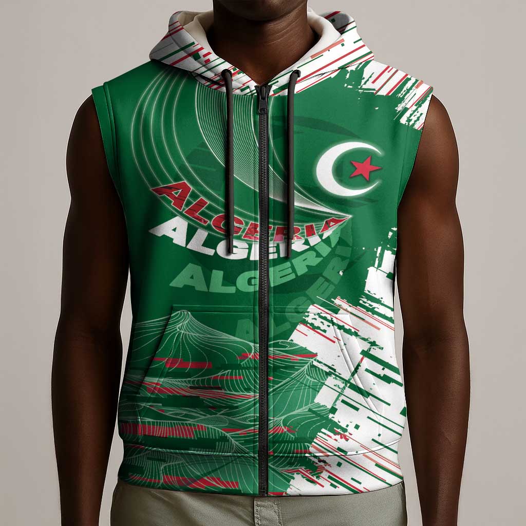 Custom Algeria Football Sleeveless Zip Hoodie Glitch Effect Desert Lines And Star Crescent
