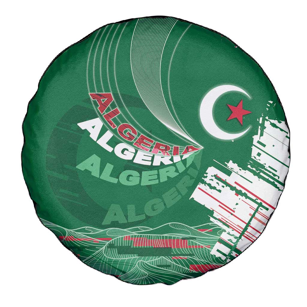 Algeria Football Spare Tire Cover Glitch Effect Desert Lines And Star Crescent