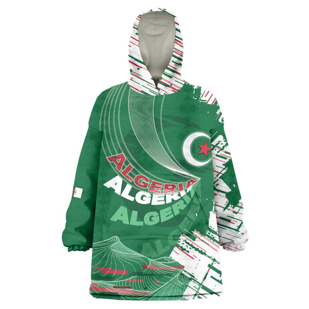 Custom Algeria Football Wearable Blanket Hoodie Glitch Effect Desert Lines And Star Crescent