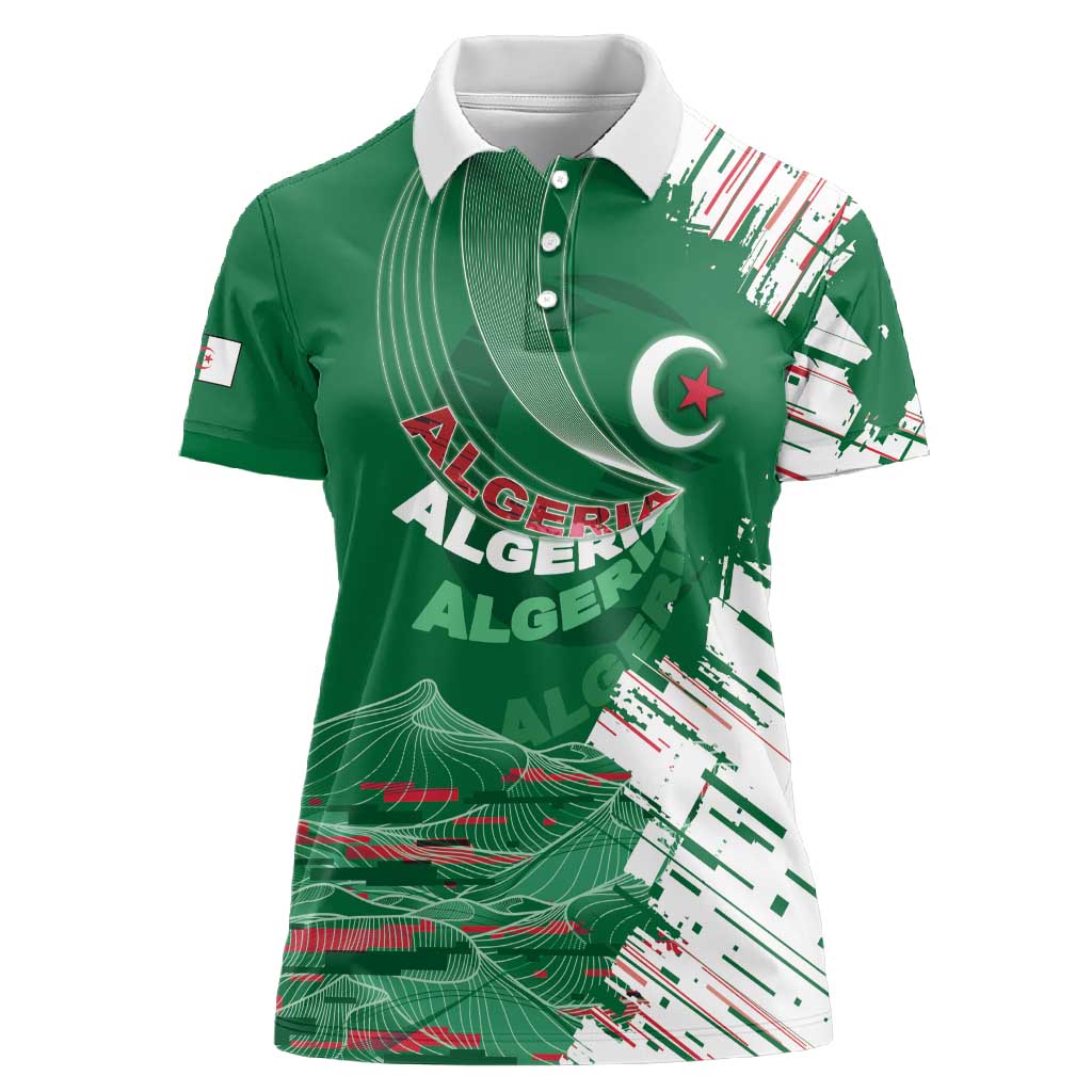 Custom Algeria Football Women Polo Shirt Glitch Effect Desert Lines And Star Crescent