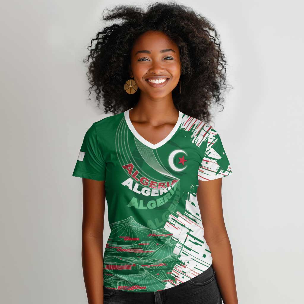 Custom Algeria Football Women V-Neck T-Shirt Glitch Effect Desert Lines And Star Crescent
