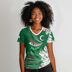 Custom Algeria Football Women V-Neck T-Shirt Glitch Effect Desert Lines And Star Crescent