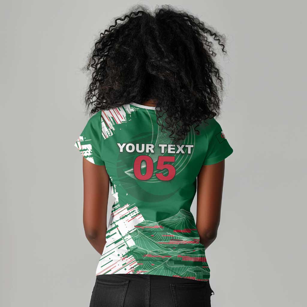 Custom Algeria Football Women V-Neck T-Shirt Glitch Effect Desert Lines And Star Crescent