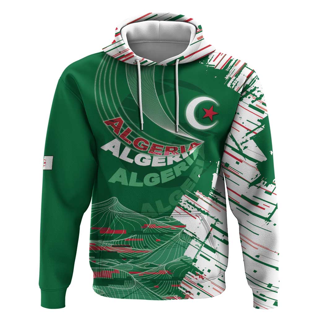 Custom Algeria Football Zip Hoodie Glitch Effect Desert Lines And Star Crescent