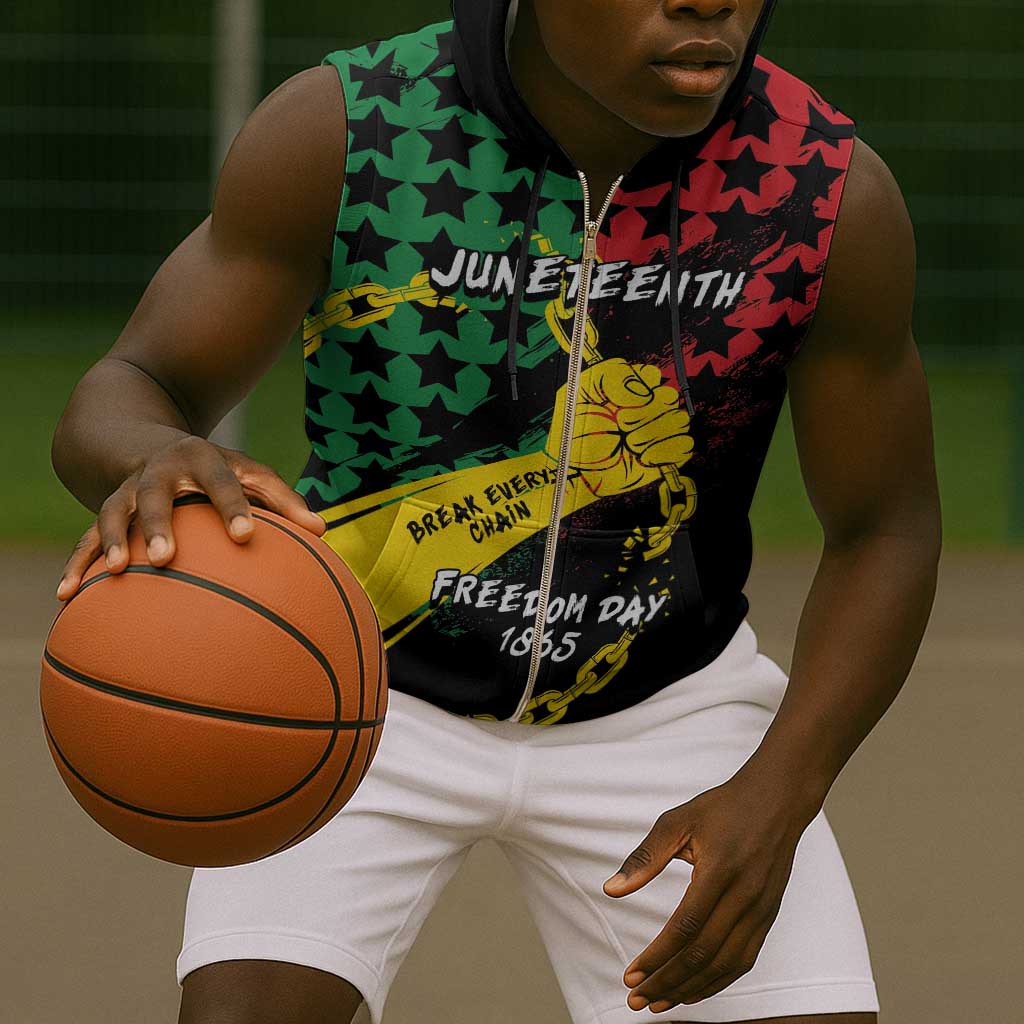 Personalized Juneteenth 1865 Sleeveless Zip Hoodie Break Every Chain - African Pride