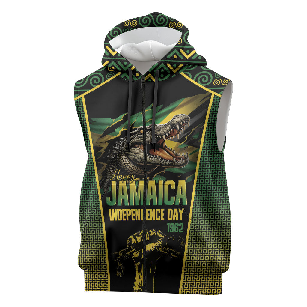 Jamaica Independence Day Sleeveless Zip Hoodie Crocodile Broken Chain Freedom