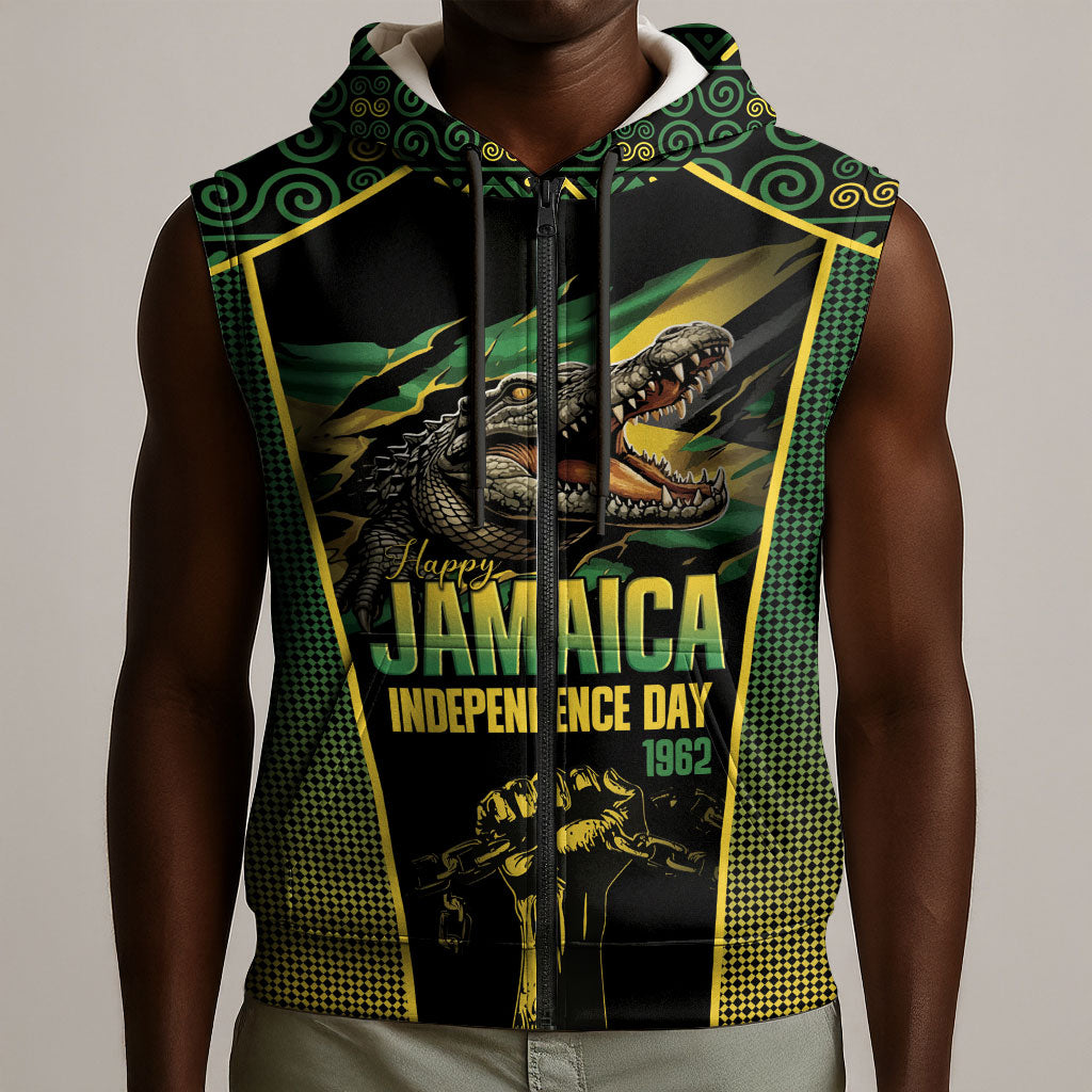 Jamaica Independence Day Sleeveless Zip Hoodie Crocodile Broken Chain Freedom