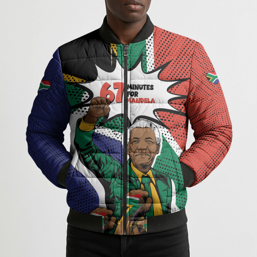 Nelson Mandela Birthday Bomber Puffer Jacket 67 Minutes South Africa Flag Comic