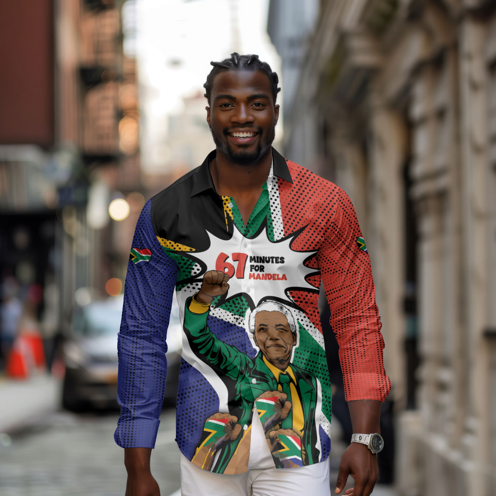 Nelson Mandela Birthday Long Sleeve Button Shirt 67 Minutes South Africa Flag Comic