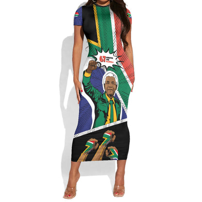 Nelson Mandela Birthday Short Sleeve Bodycon Dress 67 Minutes South Africa Flag Comic