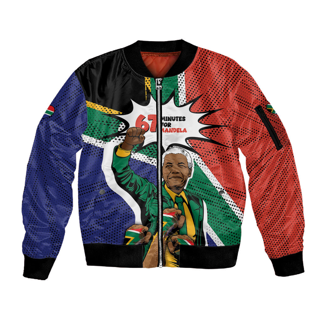 Nelson Mandela Birthday Sleeve Zip Bomber Jacket 67 Minutes South Africa Flag Comic